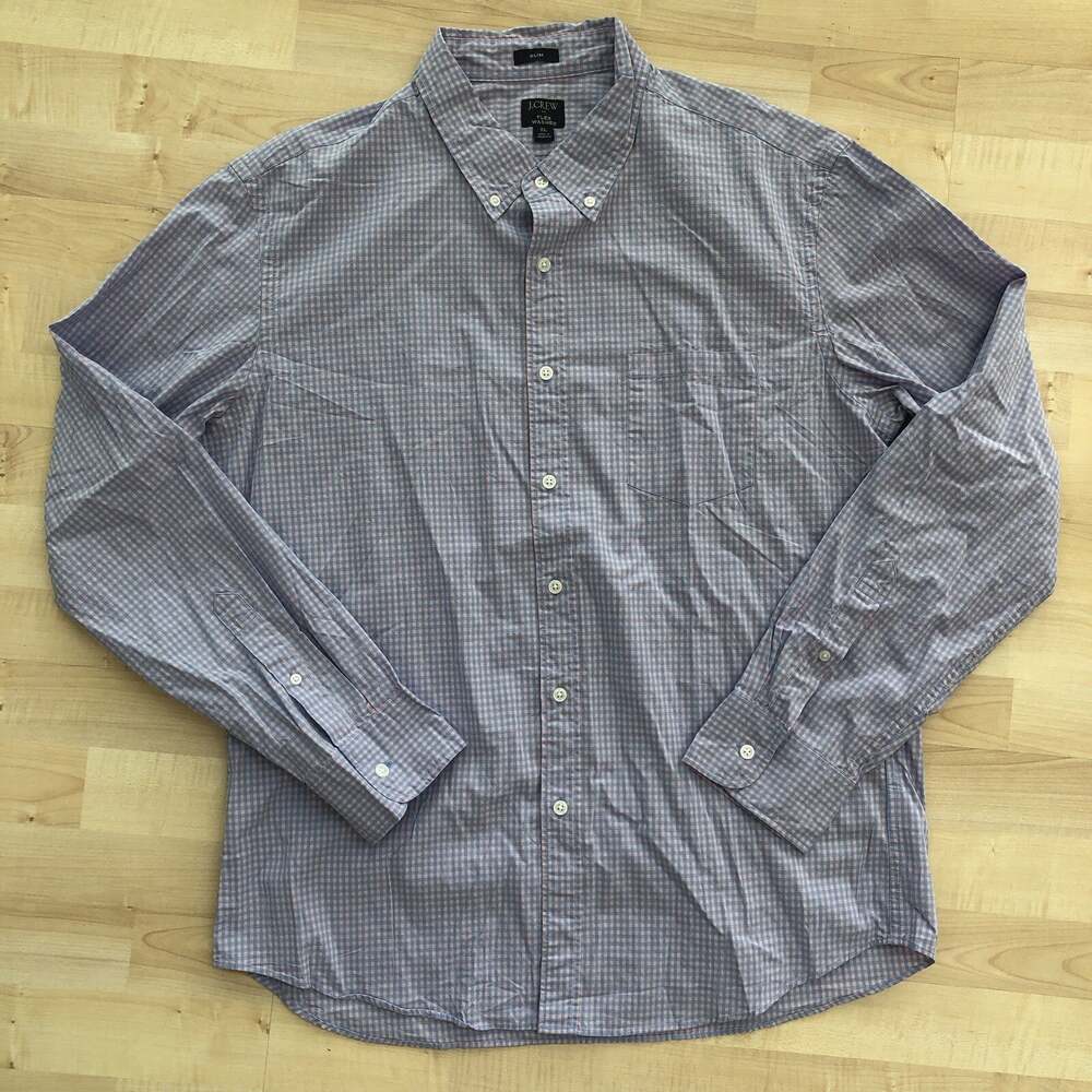 J. Crew Mens XL Blue Pink Checked Slim Flex Washed Button Down LS Dress Shirt
